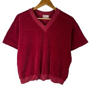 Vintage 70s Lausanne Sz L Sweater Top Knitted Velour V-Neck Disco Campus USA